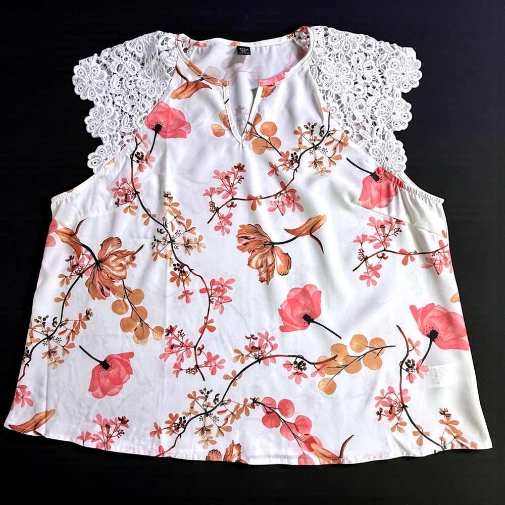Shein‎ Curve 2XL Floral Blouse White Pink Lace Cap Sleeve Top JIT9336123